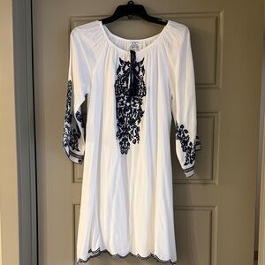 White Short Dress/ Tunic with Navy Blue Embroidery